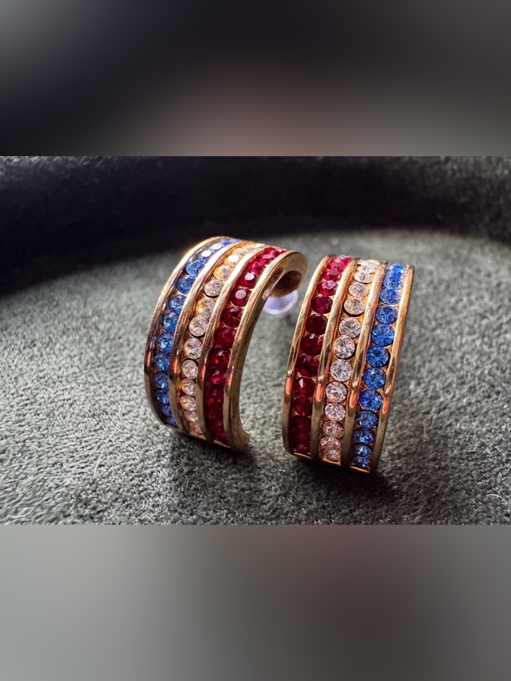 Gold over sterling silver hoops with Red, white and blue rhinestones